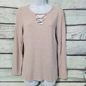 Fitz + Eddi Women's Long Sleeve Striped Crisscross Neck Top Size S White Rust